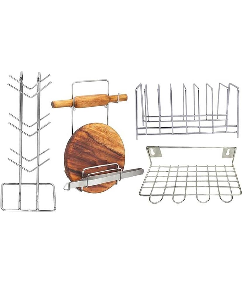 JISUN - Silver Stainless Steel Dish Racks ( Pack of 4 )