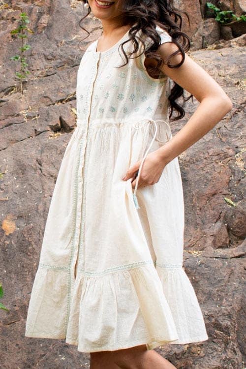 Avani Chikankari Off white Pure Cotton Sleeveless Dress view 7