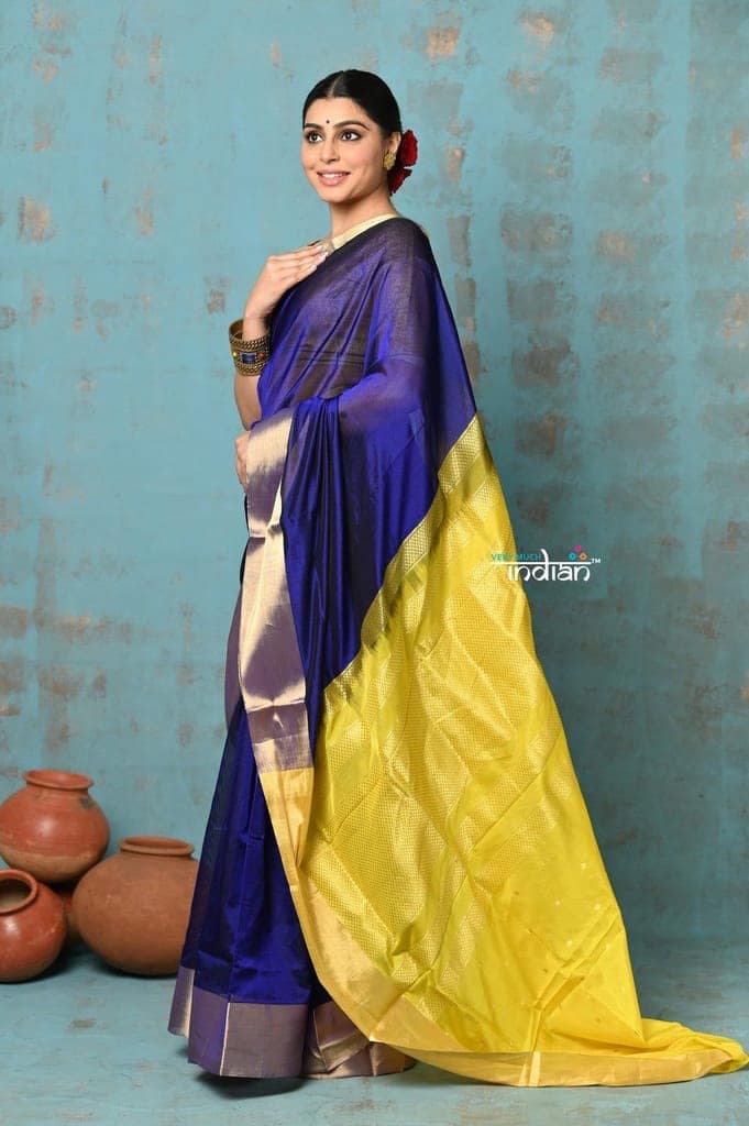 Prerna ~ Handloom Pure Chanderi Cotton Silk Saree With Golden Border - Royal Blue view 2