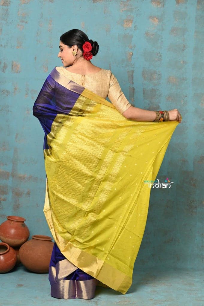 Prerna ~ Handloom Pure Chanderi Cotton Silk Saree With Golden Border - Royal Blue view 3