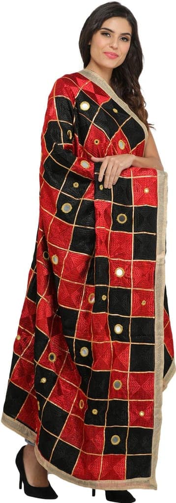 Black and Red Phulkari Dupatta from Punjab with Embroidery All-Over and Mirrors view 2