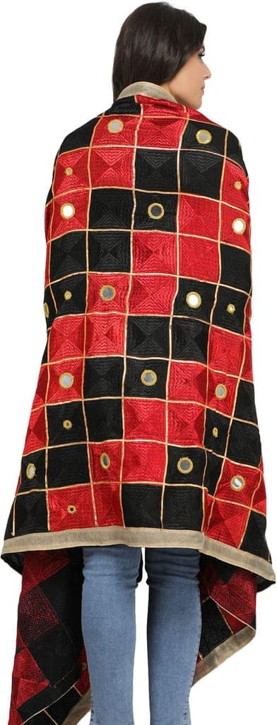 Black and Red Phulkari Dupatta from Punjab with Embroidery All-Over and Mirrors view 3