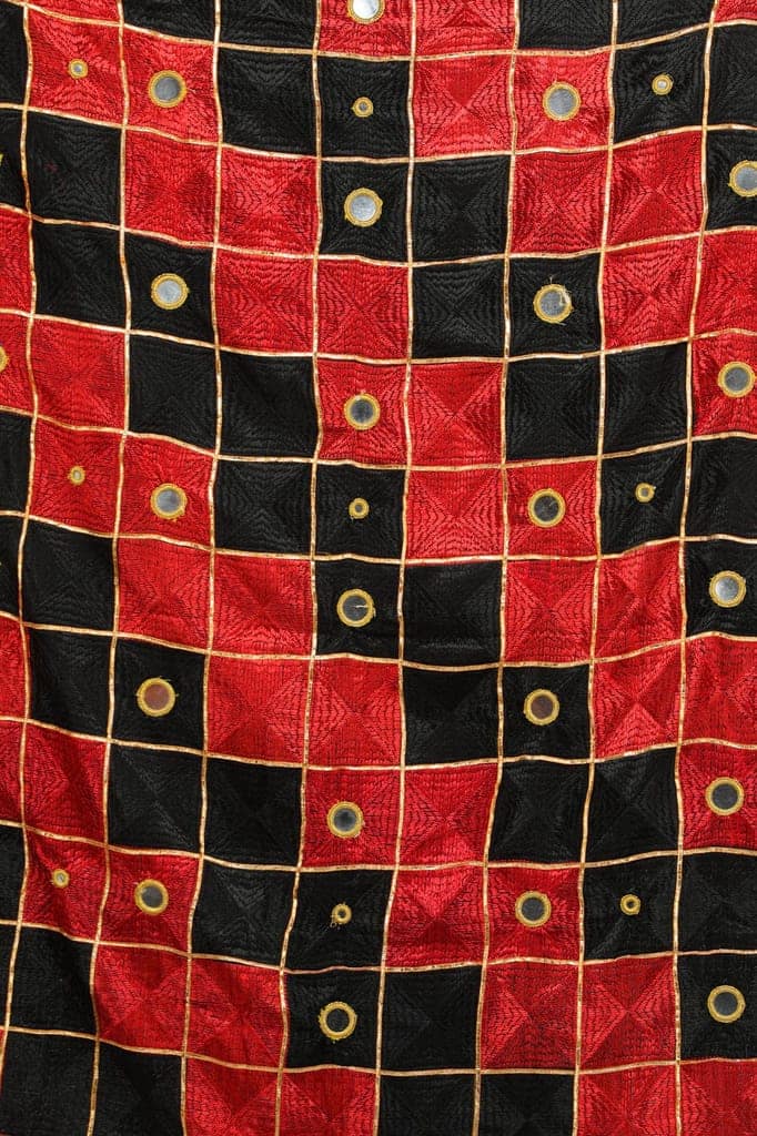 Black and Red Phulkari Dupatta from Punjab with Embroidery All-Over and Mirrors view 4