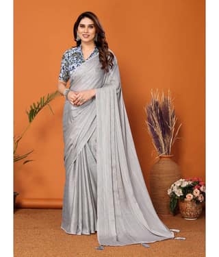 BLEESBURY Chiffon Solid Saree With Unstitched Blouse Piece ( Light Grey )