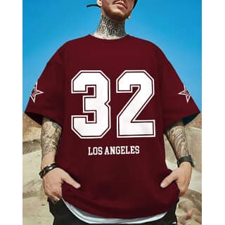 Ausk Mens Maroon Printed Cotton Blend Round Neck Oversized T-Shirt