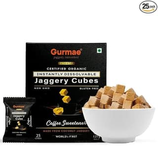 Gurmae Organic Jaggery Cubes, Instantly Dissolvable Tea Sweetener - 125g, Natural Coconut Gud Sweetener, Healthy Sugar Substitute for Coffee & Drinks, Natural Travel Friendly Gur, 25 Cubes
