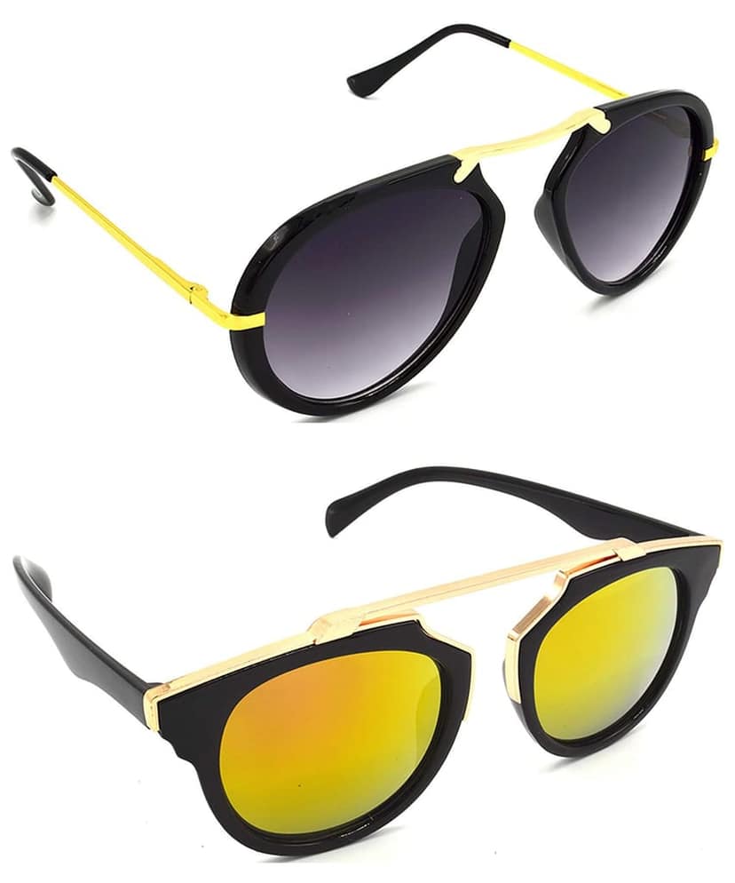 HRINKAR Unisex Wrap-around Sunglasses Golden Frame, Grey & Golden Lens (Medium) - Pack of 2