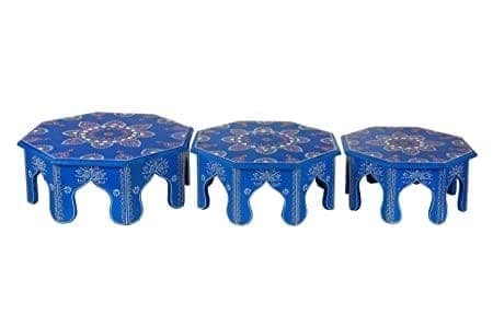Home Design Multi-Purpose Wooden Bajot Set for Home Decor, Blue Color, Octangle Shape bajot, Home chowki(Blue-Set of 3)