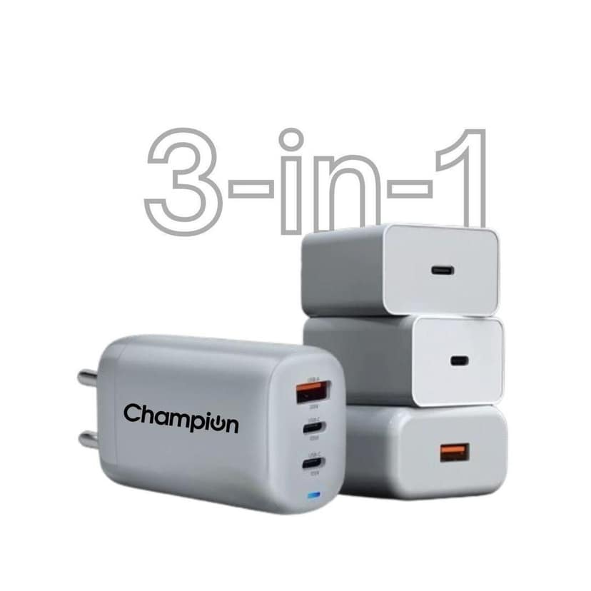 Champion 25W Wall Charger (USB+Type-C+Type-C) Supports PPS/Warp/Dash/SuperVooc Charging (White) view 3