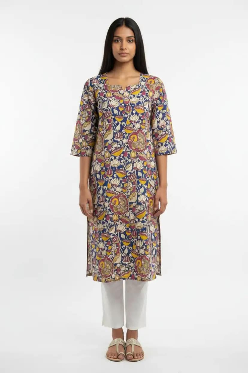Pedana Kalamkari Screen-Print Cotton Kurti in Beige Floral