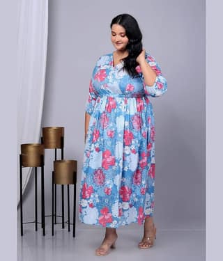 SUKTI Women Rayon Printed Fit & Flare Dress ( Blue )