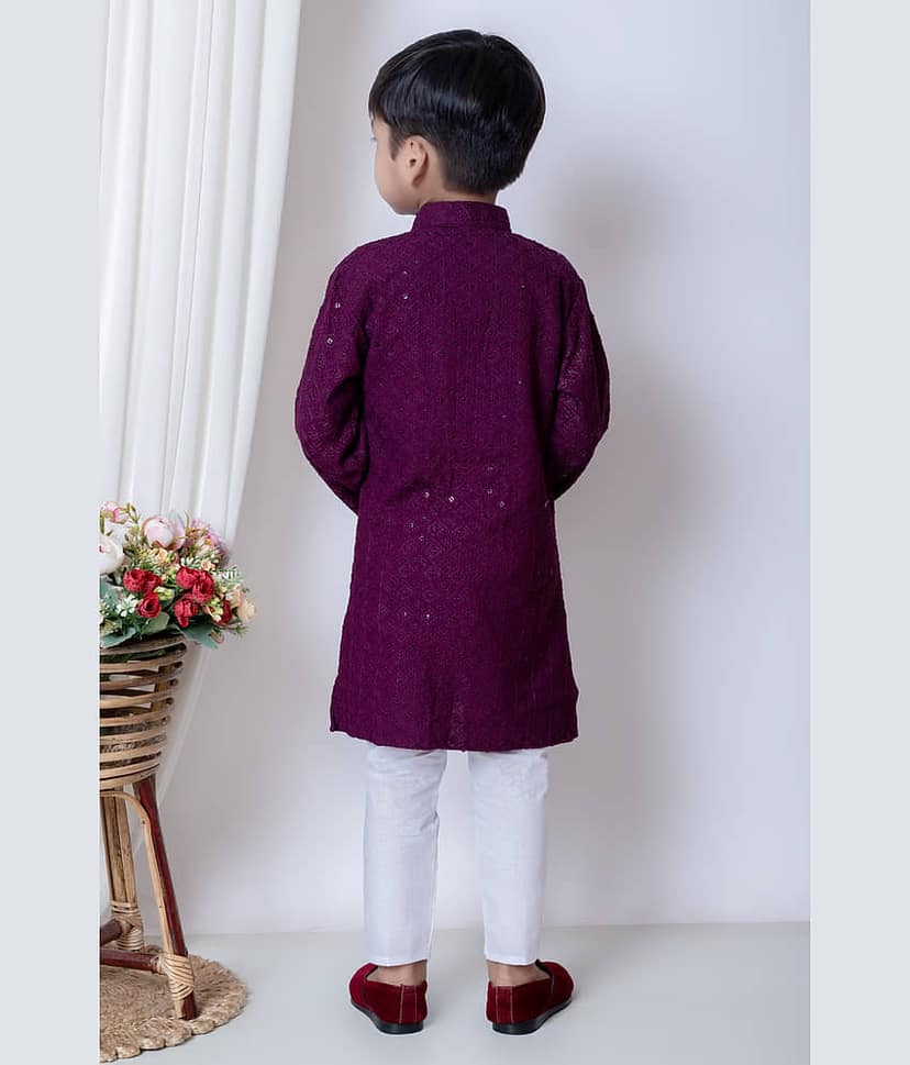 New Collection Boys Chanderi Sequined - Pattern Kurta Pant Set ( Dark Blue , Pack of 1 ) view 2