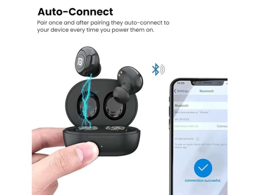 Portronics Harmonics Twins S3 Smart TWS Bluetooth 5.2 Earbuds with 20 Hrs Playtime, 8mm Drivers, Lightweight Design - Black view 4