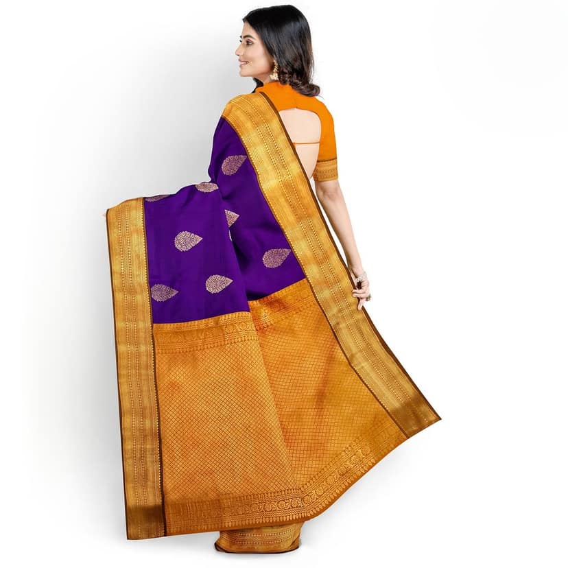 Dark Blue with Orange Color Korvai Saree Has Contrast Pallu and Border with Unstitched Blouse view 3