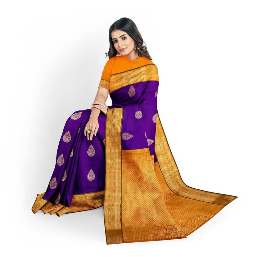 Dark Blue with Orange Color Korvai Saree Has Contrast Pallu and Border with Unstitched Blouse view 4