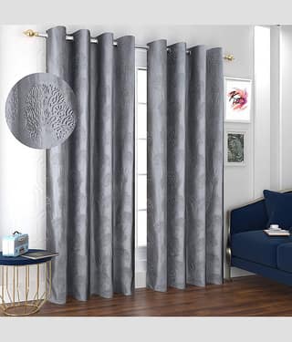 Kraftiq Homes Textured Semi-Transparent Eyelet Curtain 7 ft ( Pack of 2 ) - Light Grey