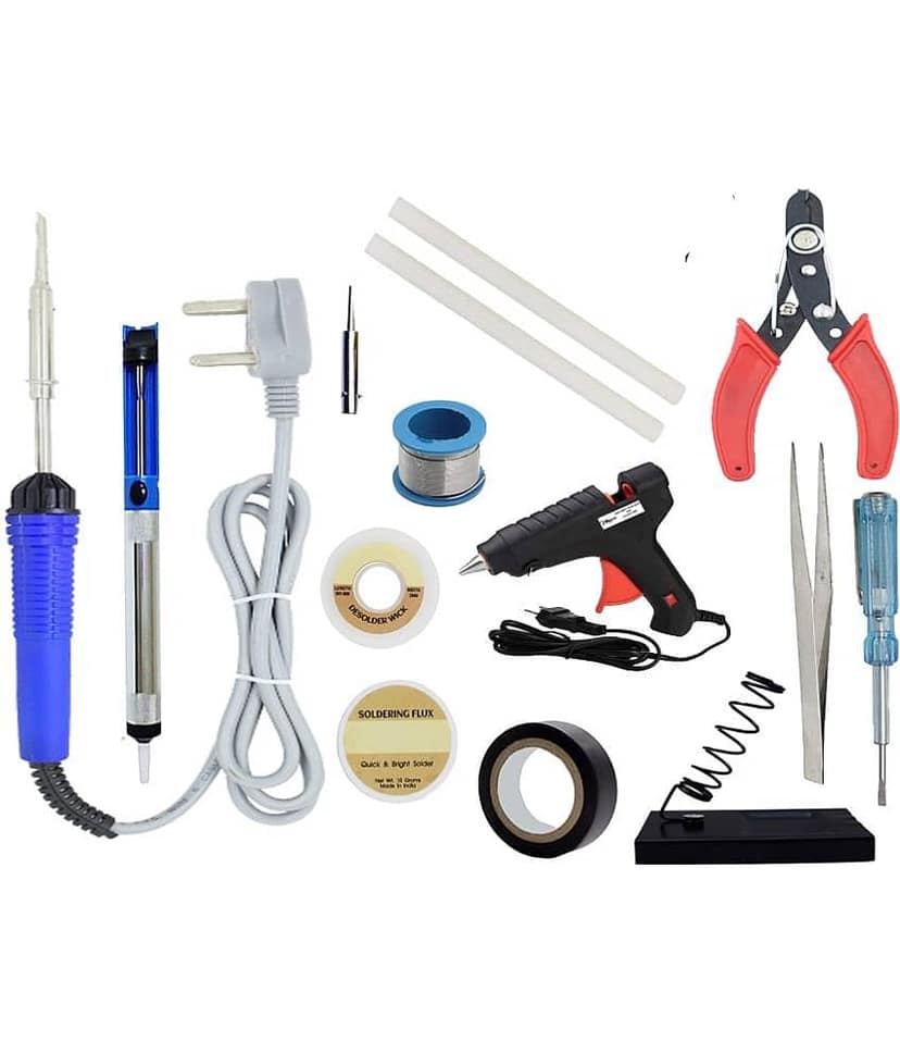 ALDECO: ( 14 in 1 ) Soldering Iron Kit contains- Blue Iron, Wire, Flux, Wick, Stand, Tweezer, Tape, Tester, Desoldering pump, Cutter, Glue Gun, 2 Glue Stick, Bit