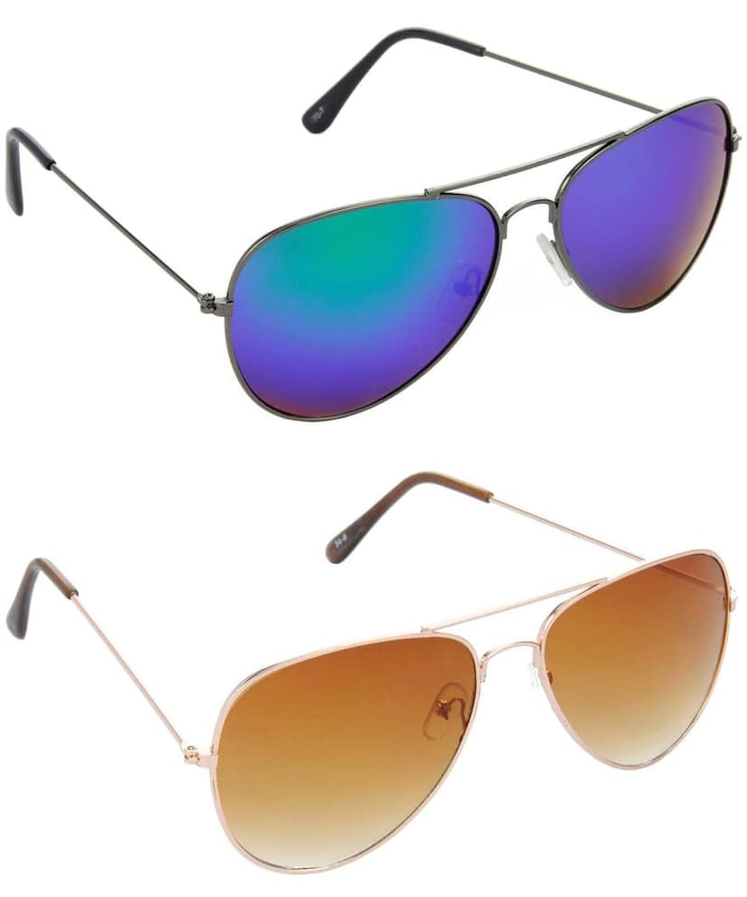 HRINKAR Men Pilot Sunglasses Grey & Golden Frame, Blue & Brown Lens (Medium) - Pack of 2