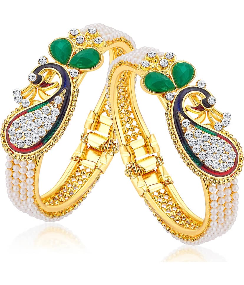 Sukkhi Glittery Pearl Gold Plated Peacock Meenakari Austrian Diamond Kada Combo For Women view 2