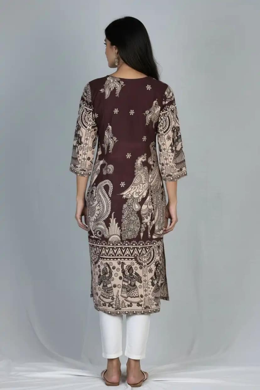 Pattachitra Print Cotton Kurti Chocolate Brown view 2
