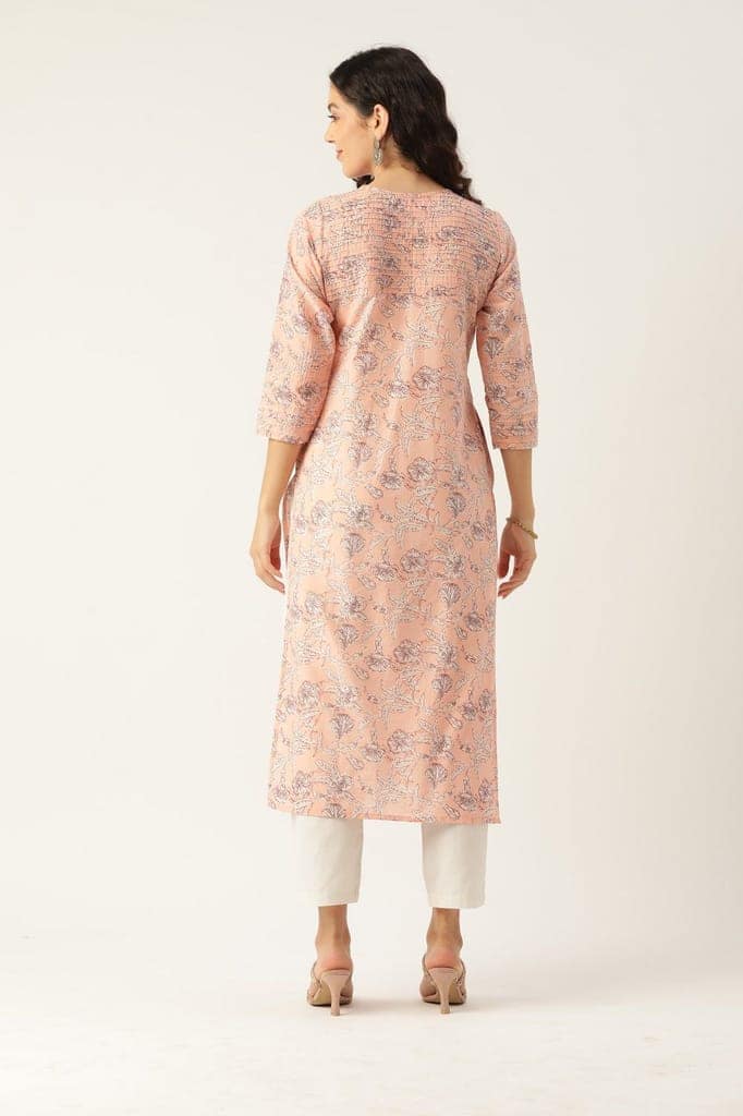 Women Peach Printed Pintuck Kurta view 3