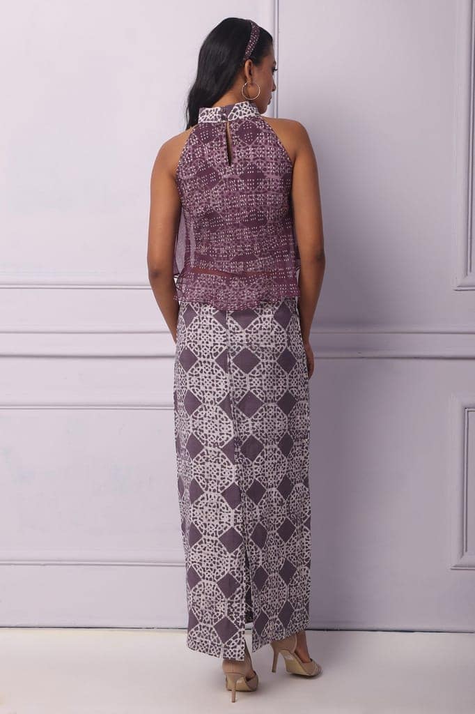 Purple Batik Printed Halter Neck With Organza Layer Top view 4
