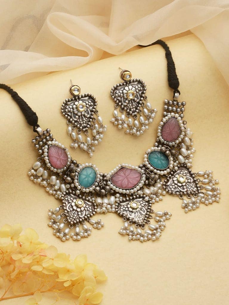 Oxidised Stone Studded Fusion statement Jewellery set view 2