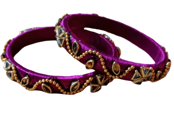 Dark Magenta Silk Thread Bangles with Golden & Stone Embellishments view 3