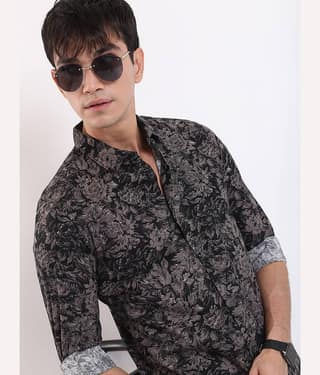 Highlander 100% Cotton Slim Fit Printed Full Sleeves Men's Casual Shirt - Black ( Pack of 1 )