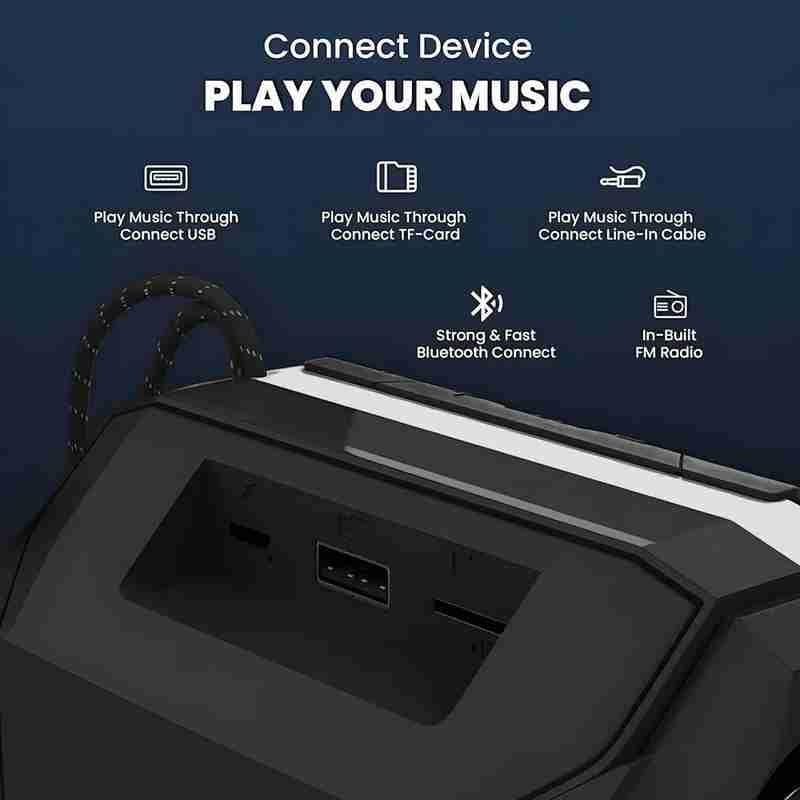 Wireless Bluetooth Speaker with Mic, FM Radio, AUX or USB or TF Support & 6Hrs Playtime - Hands-Free Calling & Rechargeable Battery Black view 2