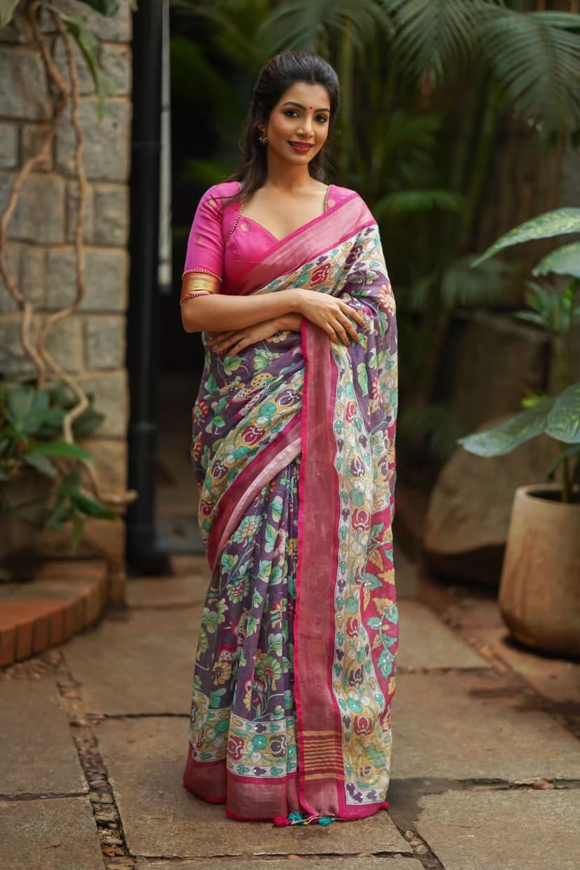 Distressed Print Kalamkari Linen Saree with Hand Sequin Work view 2