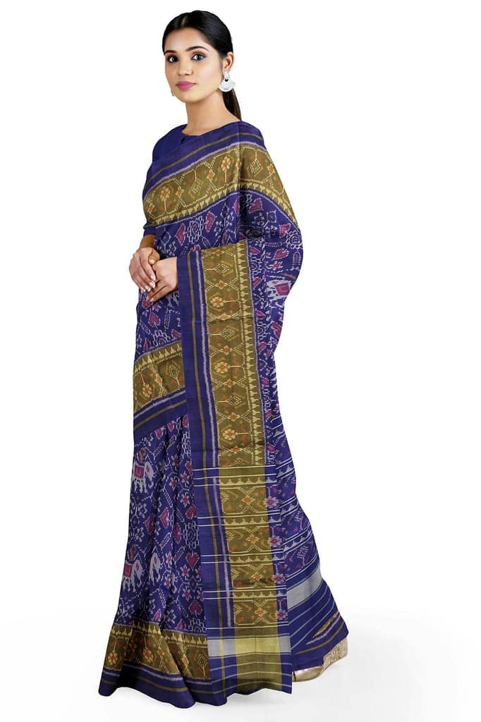 Garvi Gurjari (A Gujarat Govt Enterprise Women Blue Shaded Handloom Single Ikat Silk Patola Saree (GGCSIKS137)