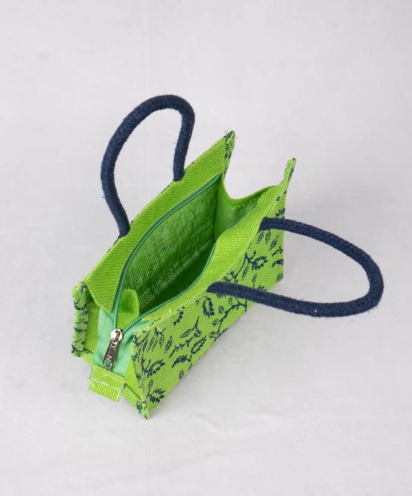 sonchiriya green printed jute hand held bag view 2