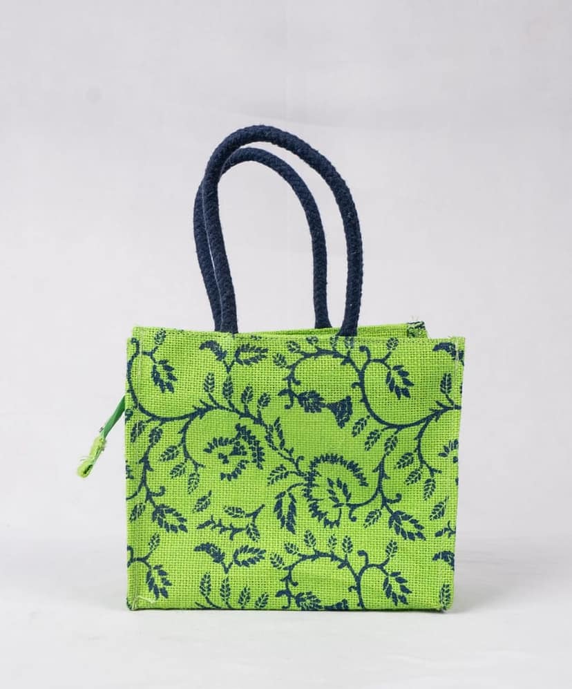 sonchiriya green printed jute hand held bag view 5