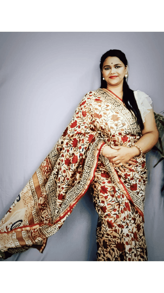 Chanderi Silk Saree Cream Colour Kalamkari Handblock Printed with running blouse-2561 view 2