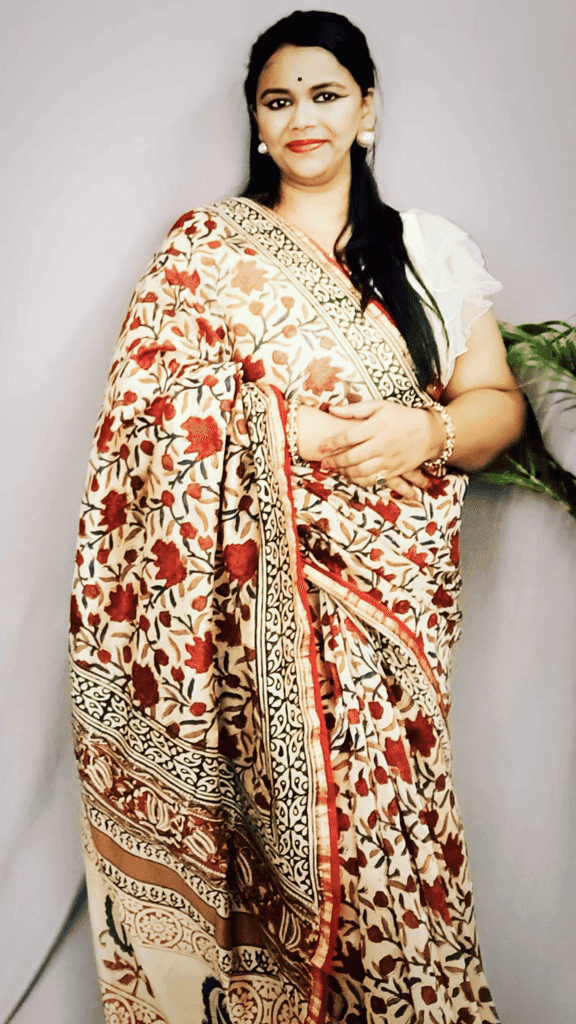 Chanderi Silk Saree Cream Colour Kalamkari Handblock Printed with running blouse-2561 view 3