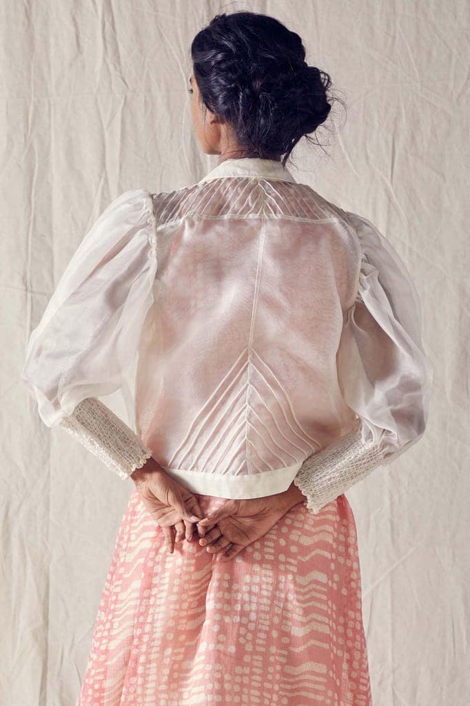 Off White Silk Organza Crop Jacket view 4