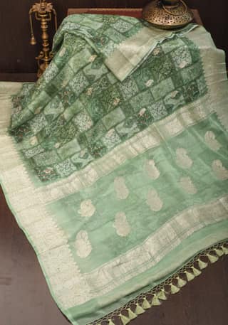Pure Silk Banarasi Chiffon Saree in Green with Floral Printing and Zari | SILK MARK CERTIFIED