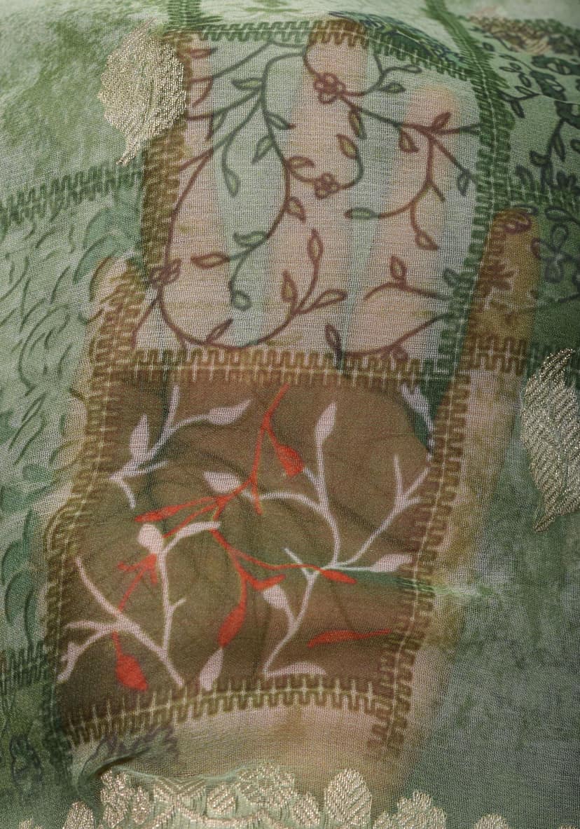 Pure Silk Banarasi Chiffon Saree in Green with Floral Printing and Zari | SILK MARK CERTIFIED view 4