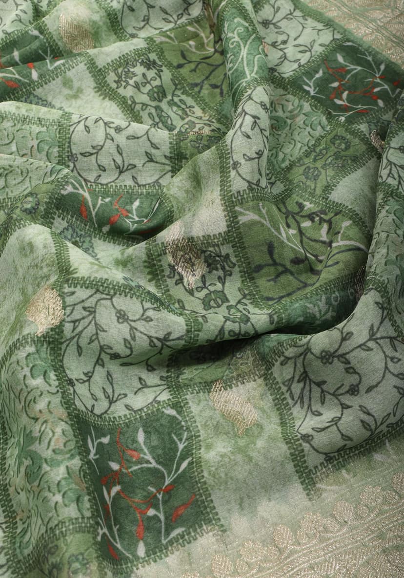 Pure Silk Banarasi Chiffon Saree in Green with Floral Printing and Zari | SILK MARK CERTIFIED view 6