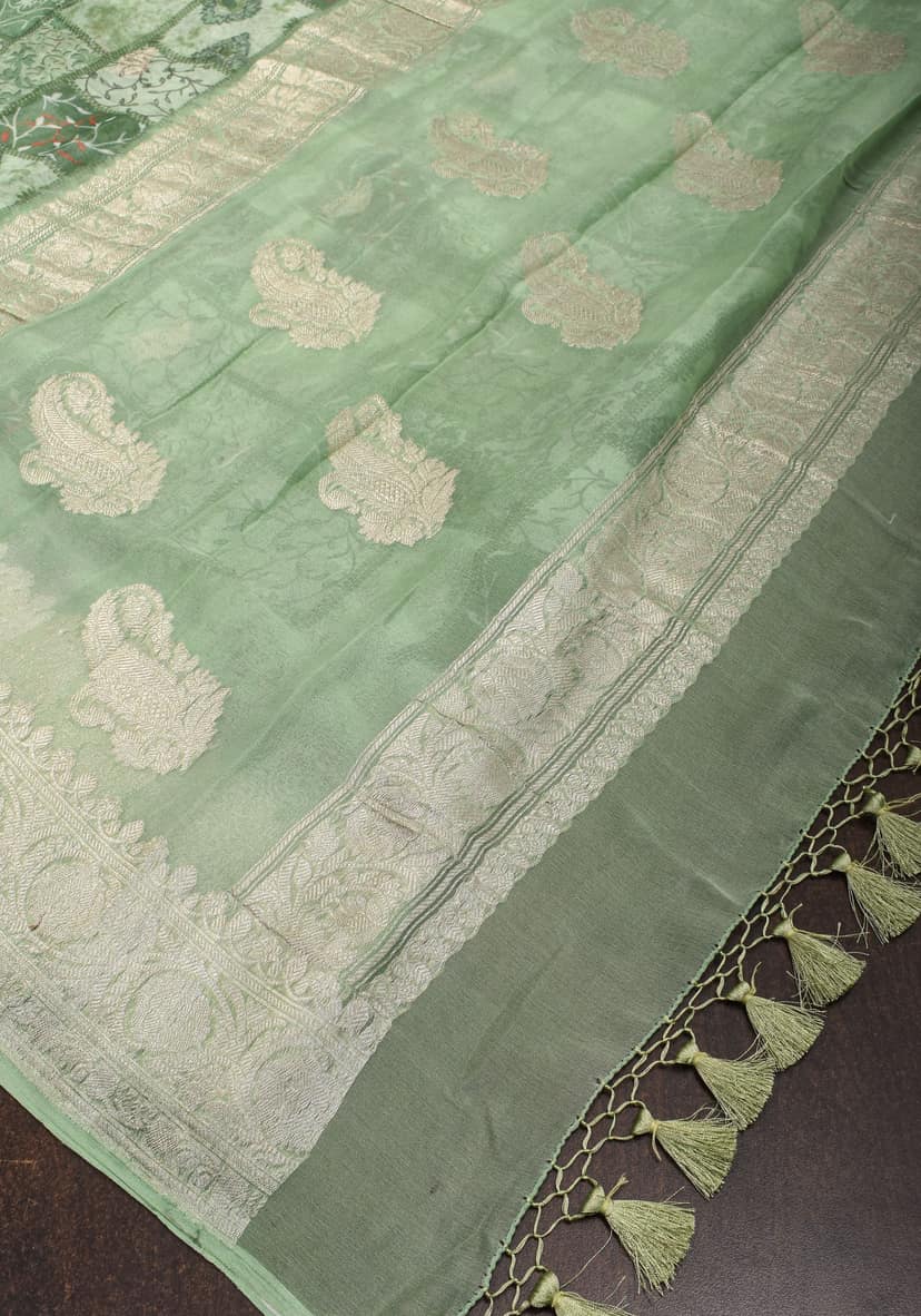 Pure Silk Banarasi Chiffon Saree in Green with Floral Printing and Zari | SILK MARK CERTIFIED view 8