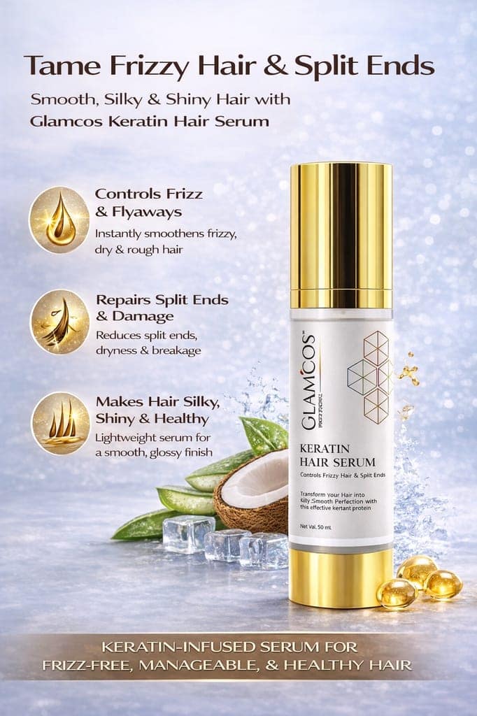 Glamcos Professional Keratin Hair Serum | Controls Frizzy Hair & Split Ends | Smooth, Silky & Shiny Finish | Salon Professional Hair Serum for Dry & Damaged Hair – 50ml view 4