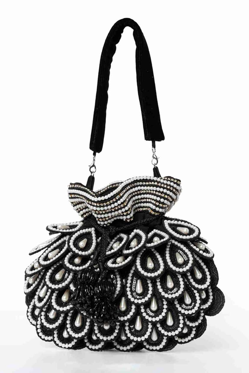 Black Suede Pearl & Micro Bead Embroidered Potli view 2
