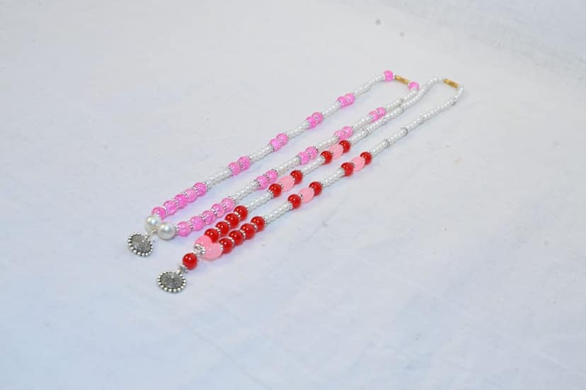 Pink and White Beaded Necklace with Silver Pendant