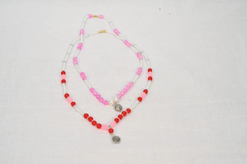 Pink and White Beaded Necklace with Silver Pendant view 2