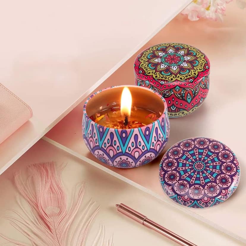 Mandala Printed Metal Candle Container – Reusable 4 Piece Set view 2