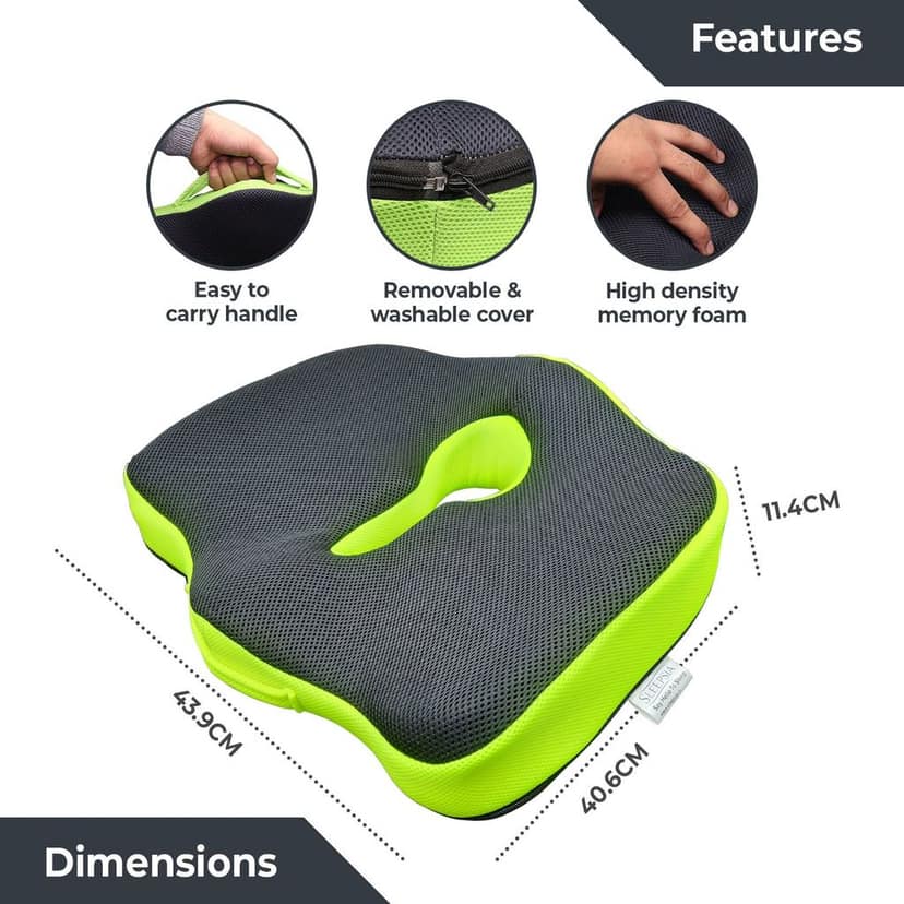 Sleepsia Advance Orthopedic Coccyx Seat Cushion/Pillow with Memory Foam for Sciatica, Tailbone and Back Pain Relief (Black/Green) view 2
