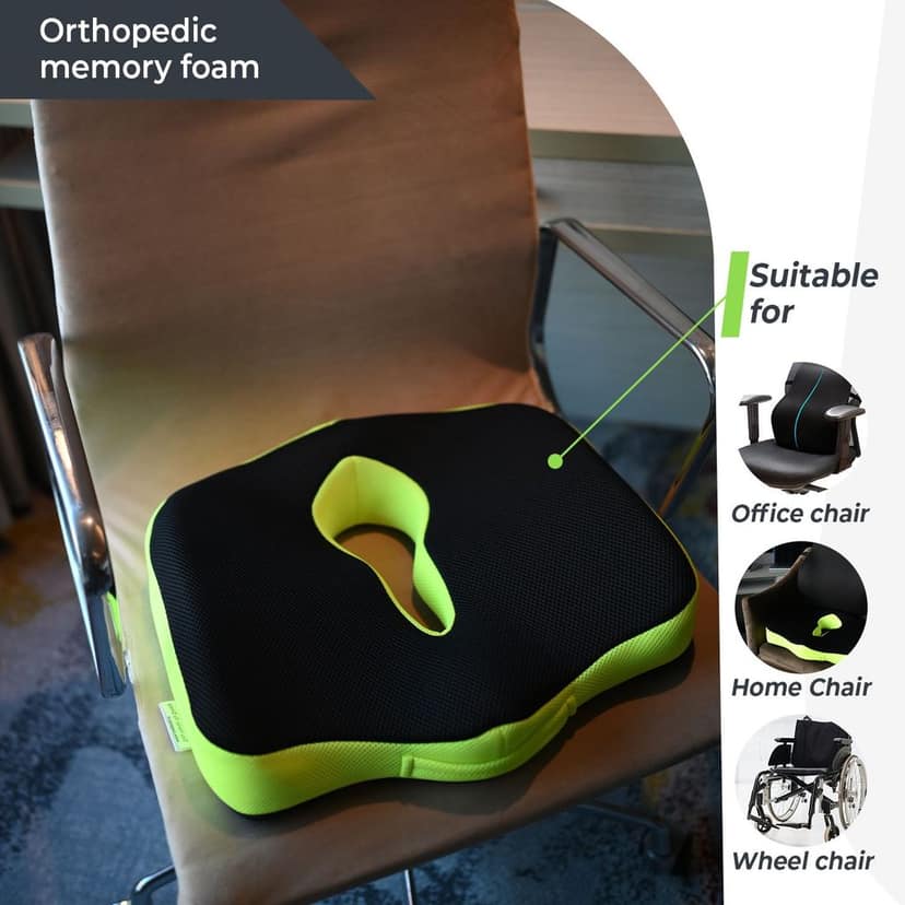 Sleepsia Advance Orthopedic Coccyx Seat Cushion/Pillow with Memory Foam for Sciatica, Tailbone and Back Pain Relief (Black/Green) view 4