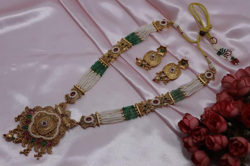 Traditional Gold Plated Pearl & Stone Choker Necklace Set with Earrings