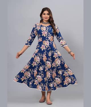 CTMTEX Rayon Printed Anarkali Women's Kurti - Blue ( Pack of 1 )
